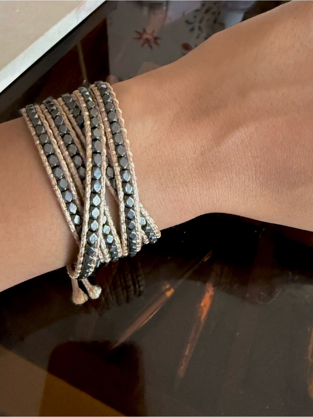 Victoria Emerson Beige Cord Wrap Bracelet with Hematite Beads